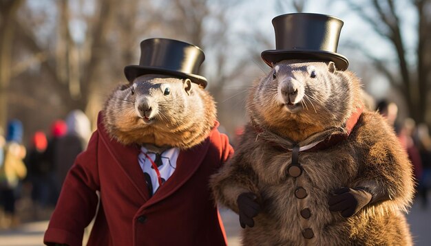 Foto groundhog day wohltätigkeitslauf oder spaziergang mit teilnehmern in groundhog-hüten oder -kostümen