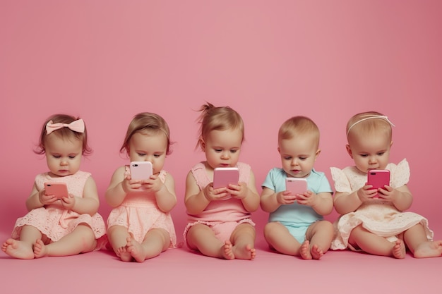 Foto group of baby girl looking at smartphones on pink background