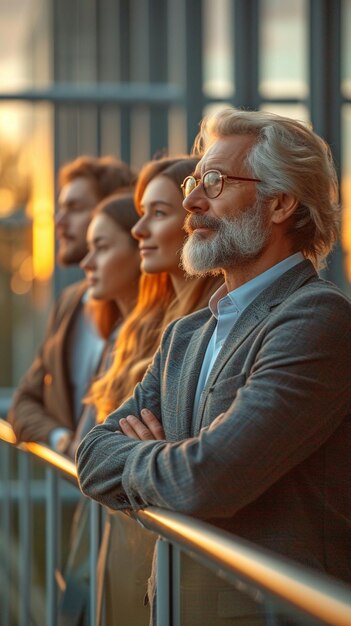 Foto group of businesspeople gathered on a business centers balcony