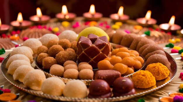 Foto group of indian assorted sweets or mithai with diya