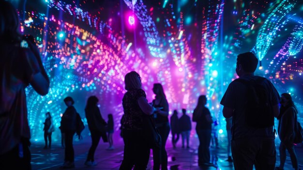 Foto a group of individuals standing together as fireworks light up the night sky in a dazzling display