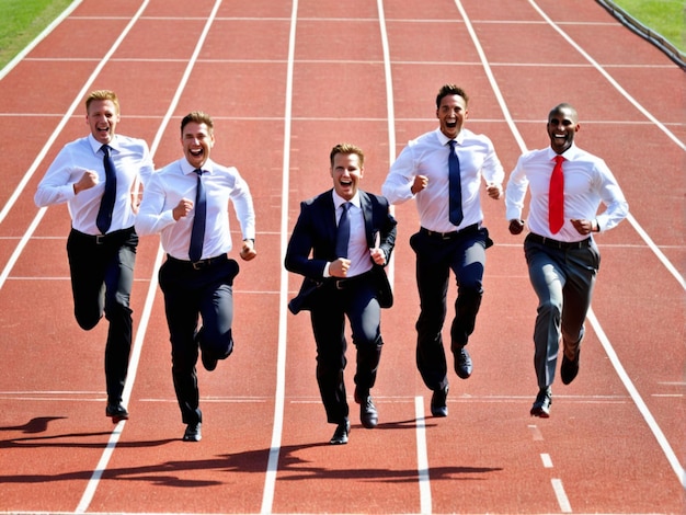 Foto a group of men running on a track with one wearing a tie