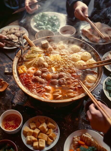 Foto a group of people eating hot pot