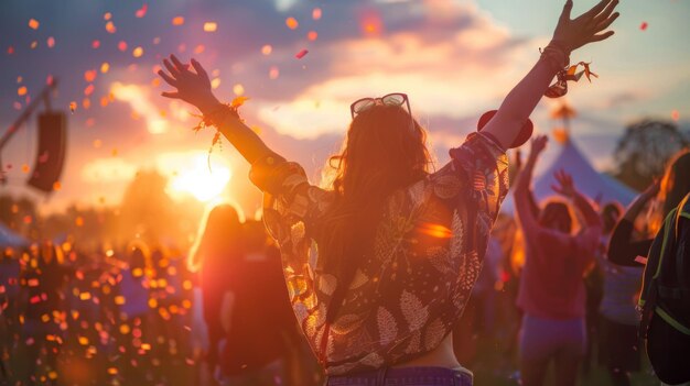 Foto group of people enthusiastically raising their arms in excitement at a music festival