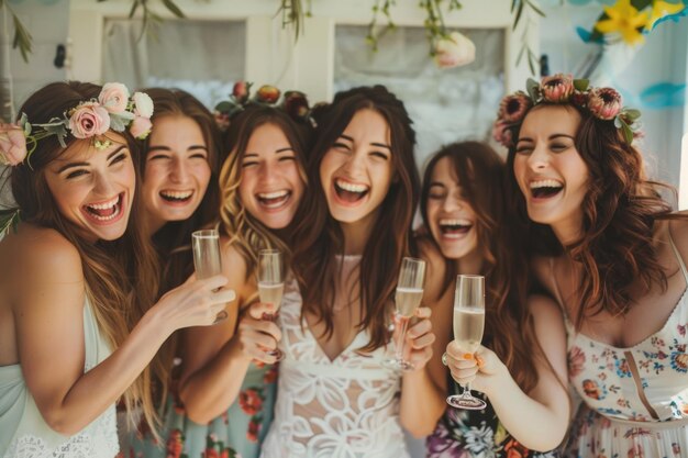 Foto group shot of young women celebrating their friend s forthcoming marriage hen party