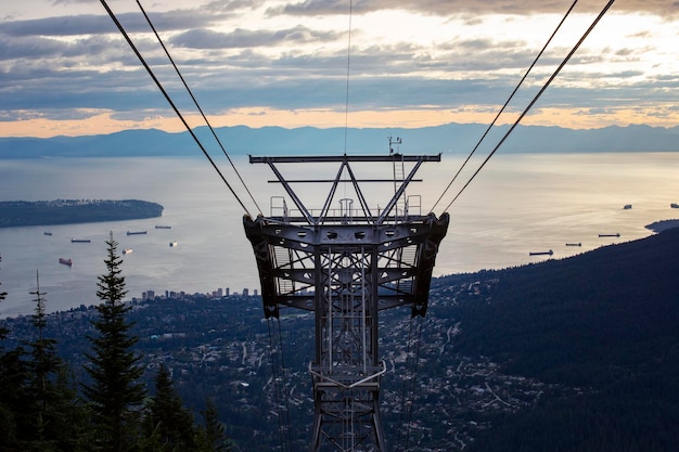 Grouse Mountain Skyride, teleférico al atardecer, North Vancouver, Canadá