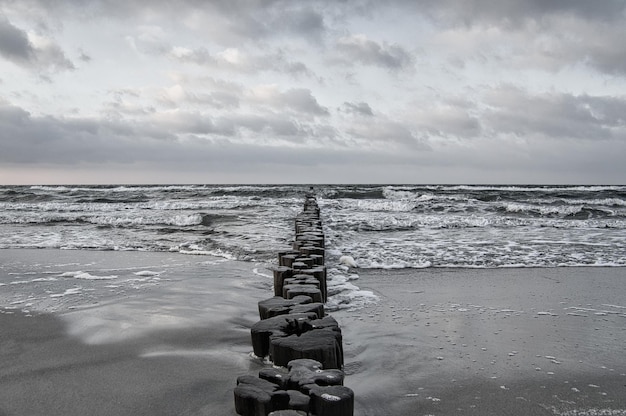 Groynes na praia do Mar Báltico em Zingst Ondas quebram na madeira