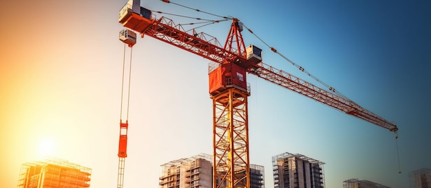 Grúa y construcción de obra contra el cielo azul