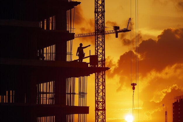 Foto grúa y edificio con fondo de puesta de sol