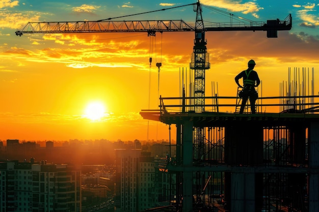 Foto grúa y edificio con fondo de puesta de sol