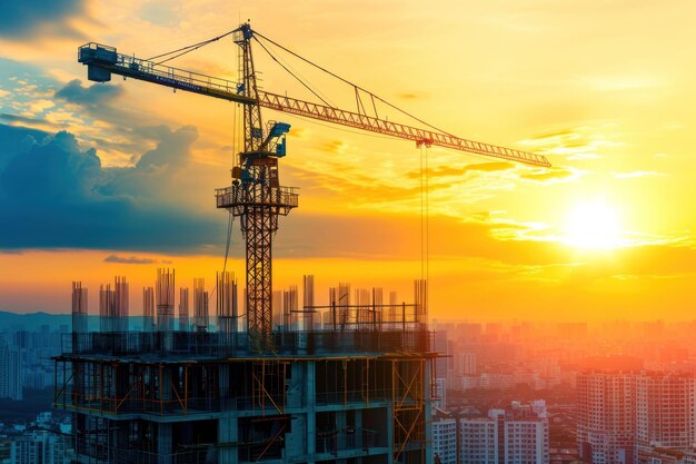 Foto grúa y edificio con el fondo de la puesta de sol