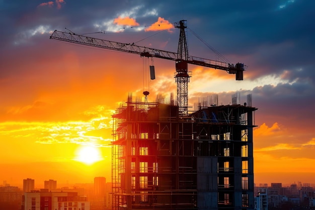 Foto grúa y edificio con el fondo de la puesta de sol