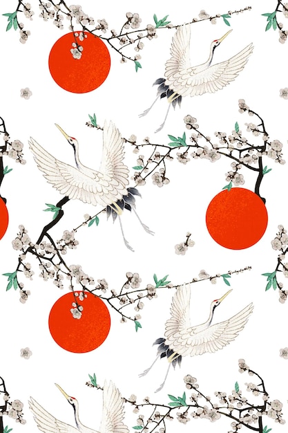 Grúa japonesa tradicional con flor de ciruela patrón png remix de la obra de arte de Watanabe Seitei