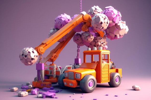 Una grúa de juguete con bolas púrpuras en ella