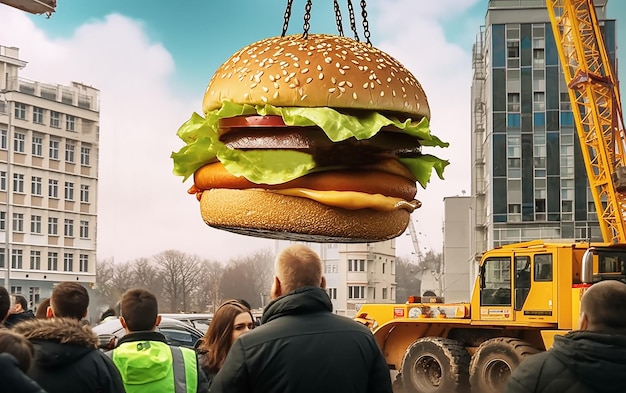 Foto una grúa levanta una hamburguesa enorme en una gran metrópolis