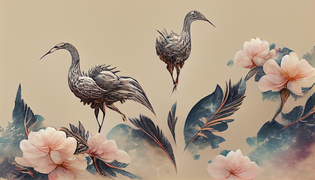 Grúa pájaros fondo japonés con textura de acuarela ilustración 3d