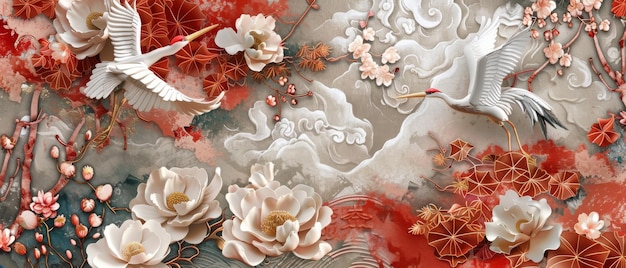 Grúa de pájaros ilustración moderna elemento de patrón floral de peonía en fondo de estilo japonés textura de acuarela con patrón de onda natural oriental y decoración de nubes chinas