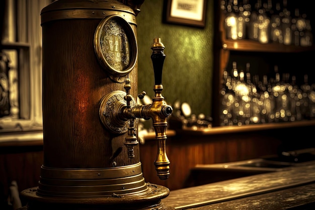 Grúa torre de cerveza en el mostrador del antiguo bar