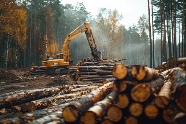 grúa de trabajo en un bosque construyendo una pila de troncos