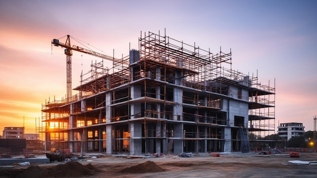 grúas de construcción al atardecer