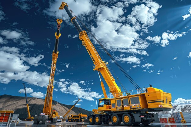 Grúas de construcción en amarillo y torre en un día soleado