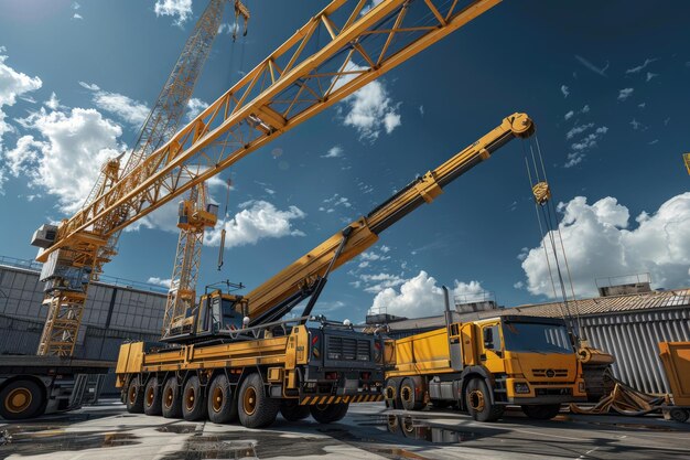 Grúas de construcción en amarillo y torre en un día soleado