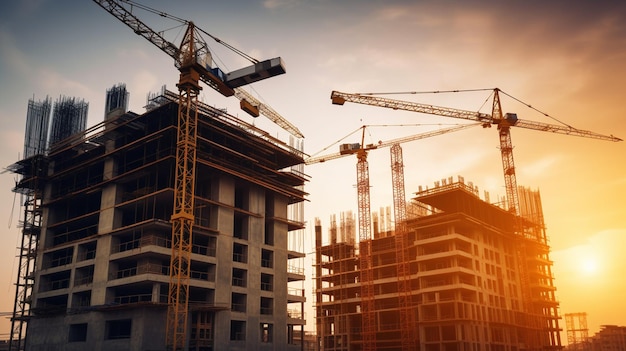 Grúas en un sitio de construcción con una puesta de sol al fondo