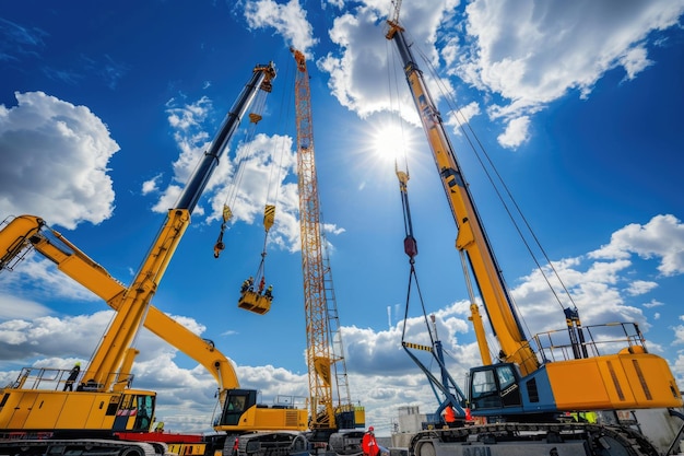 Grúas telescópicas y de torre amarillas en el sitio de construcción