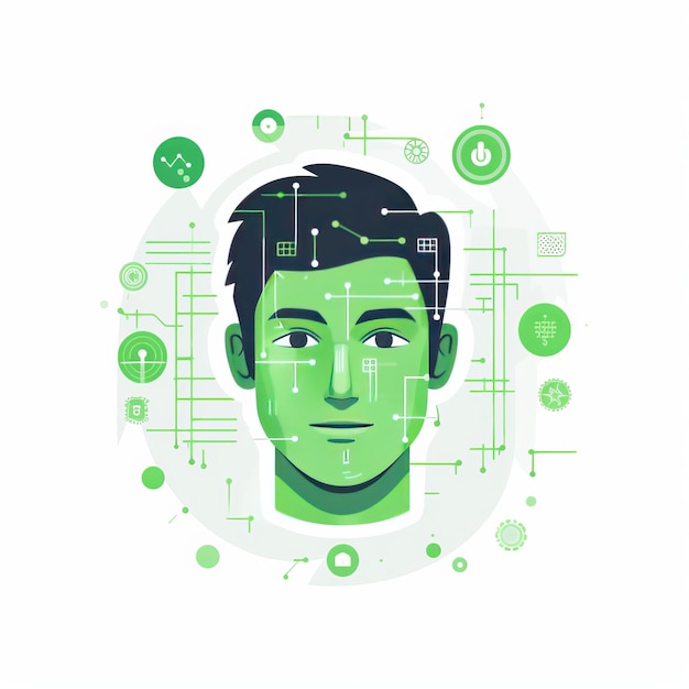 Grün-freundliche Adobestyle-Flachillustration der biometrischen Gesichtsidentifikation