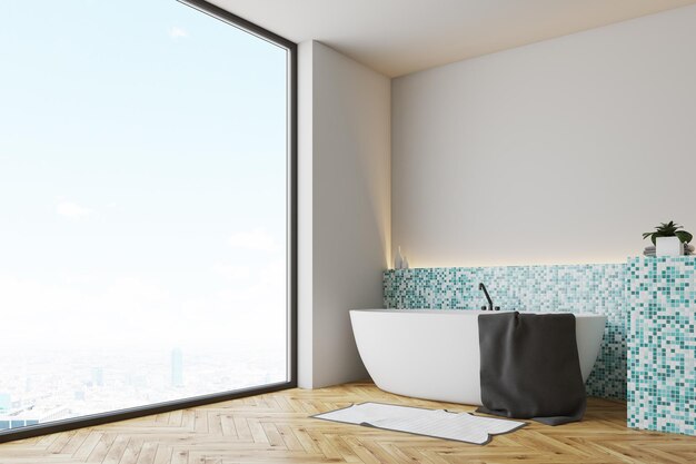 Grün gefliestes Badezimmer mit Holzboden und weißer Badewanne, an der ein Handtuch hängt. Ein Panoramafenster. 3D-Rendering, Modell