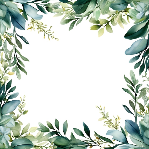 Grün, grüne Blätter, Zweige, Beeren, Aquarell, rechteckiger Rahmen