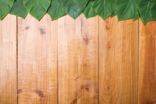 Foto grün lässt auf holztisch des braunen draufsichehintergrundes, leeres hölzernes für darstellung