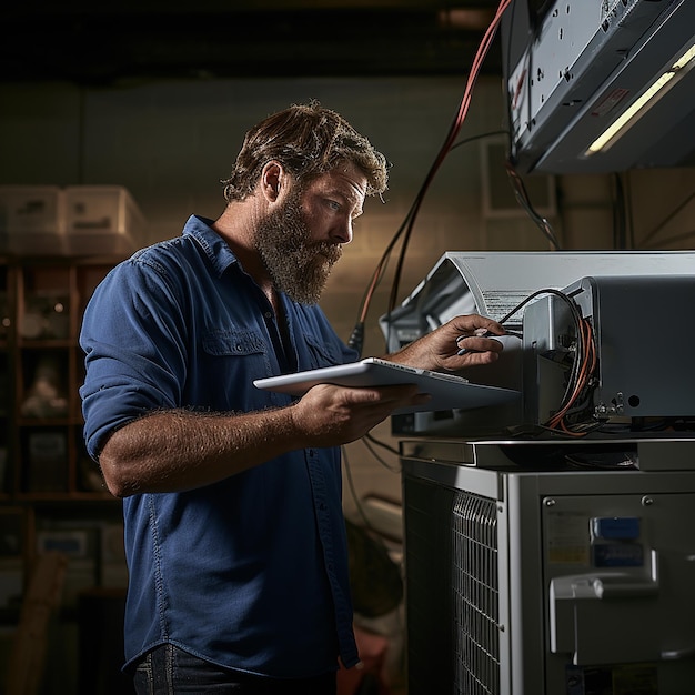 Foto gründliche hvac-inspektion effizienter techniker