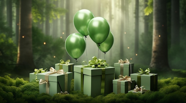 grüne Ballons im Wald mit grünen Geschenkkisten