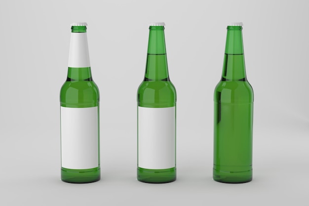 Grüne Bierflaschen mit leerem Etikett 3D-Rendering