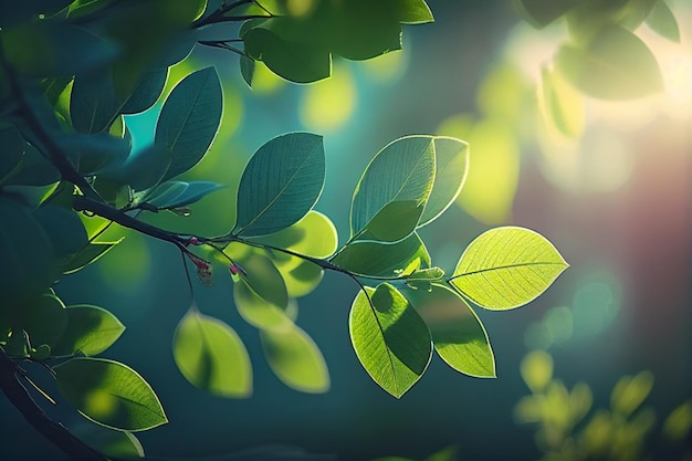 Grüne Blätter auf Zweigen mit Morgensonnenlicht Frühlings- und Sommerhintergrund