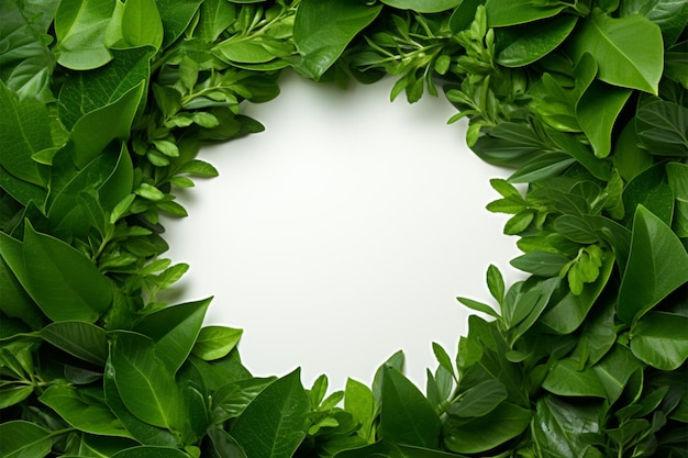 Grüne Blätter bilden einen kreisförmigen Rahmen mit weißem Mittelpunkt