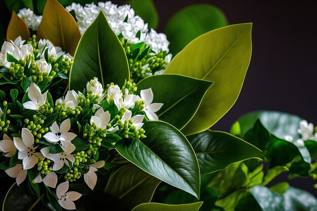 Grüne Blätter mit weißen Blüten