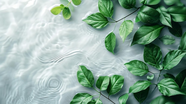 Grüne Blätter über sauberer, transparenter Wasseroberfläche mit großem Kopierraum. Generative KI