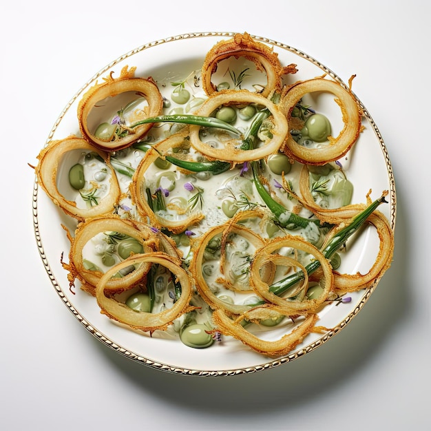 Foto grüne bohnen-casserole mit zwiebeln-ringen im stil von david burdeny