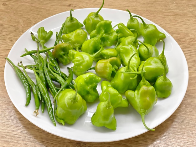 Grüne Chilischoten, Paprika und Paprika auf weißem Teller