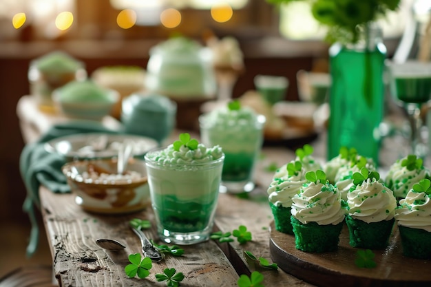 Foto grüne cupcakes mit schlagsahne und kleeblättern auf einem holztisch