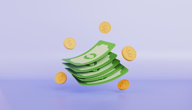 Grüne Dollar-Ikonen und Goldmünzen schwimmen auf einem pastellfarbenen Hintergrund