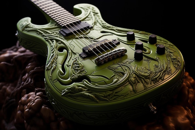 Foto grüne e-gitarre mit schönen schnitzereien