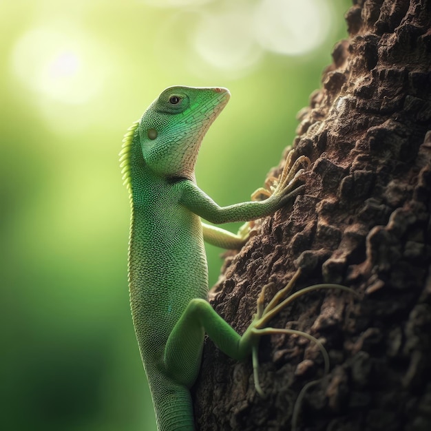 grüne Eidechse auf einem Zweig im Wald