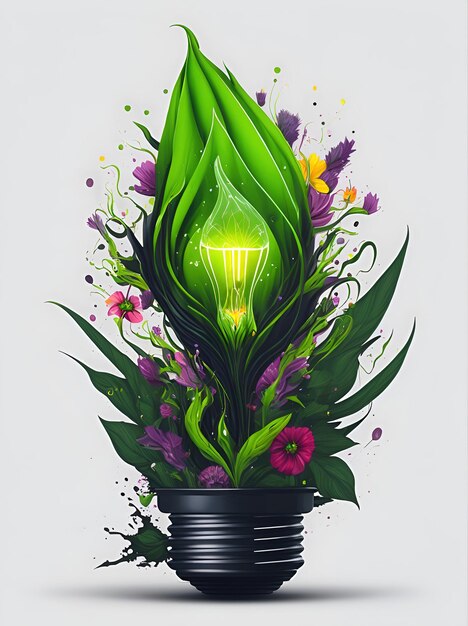 Grüne Energie der Glühbirne im Blumenspritzer-Stil aus bunten Blumen, hyperdetaillierte Illustration