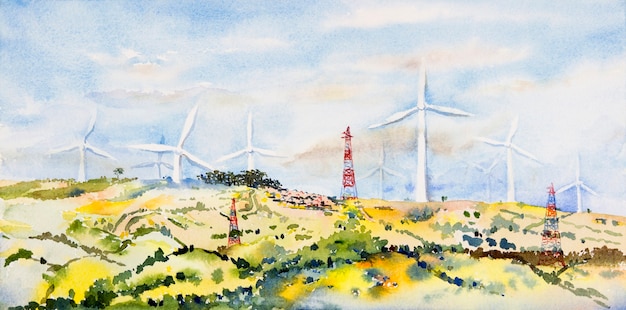 Grüne energie der windkraftanlagen am berg. energieeinsparungskonzept der ursprünglichen landschaftsmalerei des aquarells mit panoramablick vom windturbinenbau mit blauem himmel der schönheit und bewölktem hintergrund.