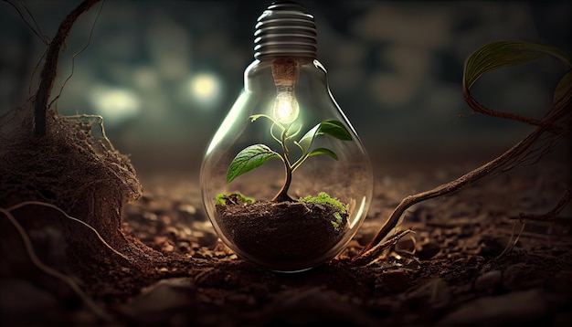 Grüne Energie und eine glänzende Zukunft Eine Glühbirne im Boden
