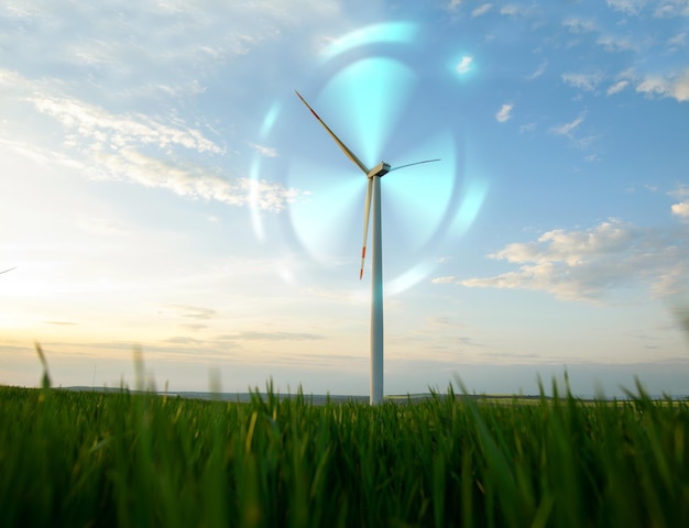 Foto grüne energieerzeugung ist die zukunftwindmühle und grafisches diagramm der luftströme, die produzieren