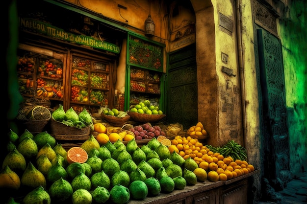Grüne exotische Früchte und Gemüse im alten Markt des Nahen Ostens